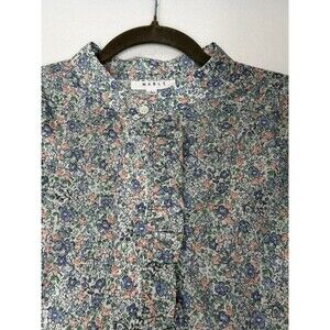 MABLE Womens Floral Print Ruffled Neck‎ Long Sleeve Button Front Blouse Top L